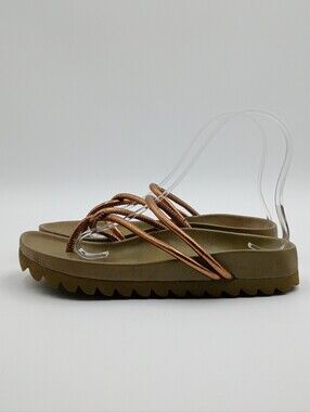Nicholas K Bronze Metallic Olive Green Strappy Platform Thong Sandals 37 7